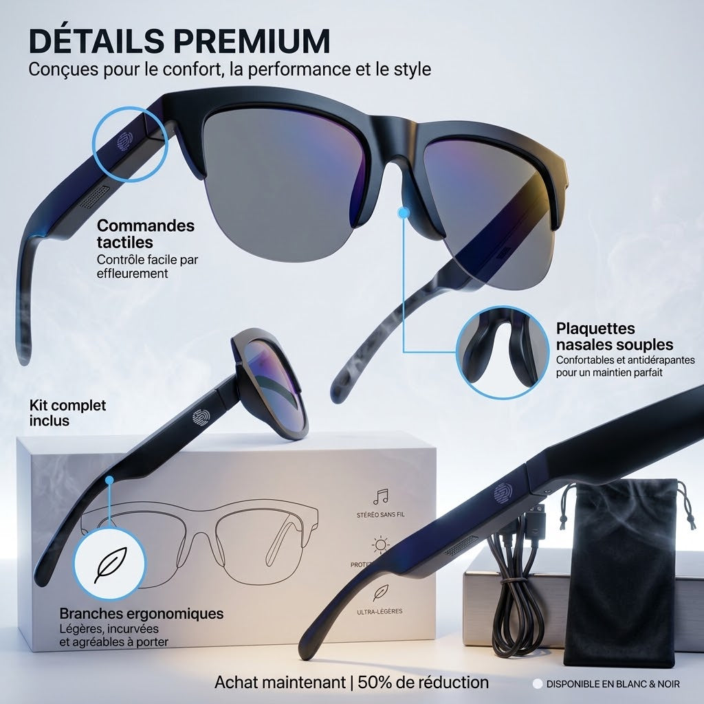 👓✨ VOYEZ, ÉCOUTEZ, CONNECTEZ-VOUS : TOUT DANS UNE SEULE PAIRE !* ⚡ LE FUTUR SE PORTE SUR LE NEZ !   Lunettes Connectées - Bluetooth – Appels - Stéréo & Anti-UV.      50% de réduction