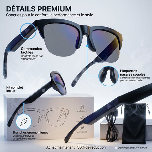 👓✨ VOYEZ, ÉCOUTEZ, CONNECTEZ-VOUS : TOUT DANS UNE SEULE PAIRE !* ⚡ LE FUTUR SE PORTE SUR LE NEZ !   Lunettes Connectées - Bluetooth – Appels - Stéréo & Anti-UV.      50% de réduction